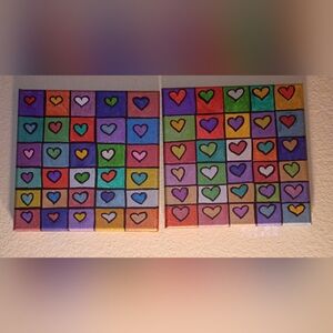 Handpainted Lot Of 2 '30 hearts' Acrylic Painting On Canvas 8x8" Signed